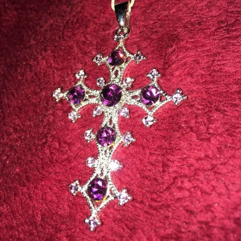 Silver Tone & Purple Crystal Cross and Crystal Hair Comb